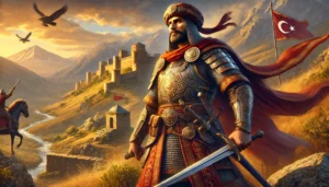 "Illustration of Aykut Alp, a medieval Ottoman warrior, standing on the rugged Anatolian frontier. Depicted in traditional Ottoman armor adorned with intricate patterns, he holds a sword and shield, symbolizing courage and leadership. The backdrop features a scenic mountainous terrain with a Byzantine stronghold in the distance, under a dramatic sunset sky. This image highlights the heroic and strategic brilliance of Aykut Alp in a historically rich and visually detailed setting."