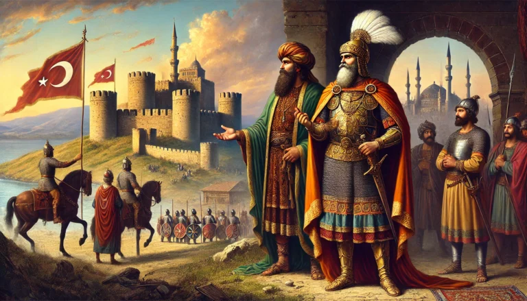 An epic historical illustration of Köse Mihal, a Byzantine nobleman who became a loyal ally of the Ottoman Empire, standing near the Harmankaya fortress. He is depicted in a blend of Byzantine and Ottoman attire, symbolizing his transition and cultural synthesis. The background showcases the Anatolian landscape with Ottoman soldiers preparing for battle, emphasizing Köse Mihal's pivotal role in the early Ottoman Empire's expansion. The image reflects unity and transformation under a dramatic sky.