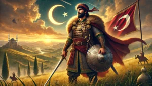 A detailed digital painting of Akça Koca Alp, a legendary hero of the Ottoman Empire, standing heroically. He wears traditional 13th-century Turkish warrior attire, including a fur-lined cloak, a leather belt with a sword, and a crescent-emblazoned shield. The background displays a vast Anatolian landscape with rolling hills and a golden sunrise, symbolizing the dawn of the Ottoman Empire. The scene reflects themes of bravery, leadership, and unity, emphasizing Akça Koca Alp's significant role in history.