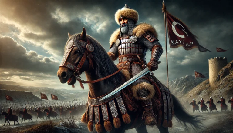 Illustration of Saltuk Alp, a 13th-century Turkic warrior from early Islamic history, wearing traditional battle attire with a fur-lined helmet and leather armor. He is mounted on a warhorse, holding a banner with the Kayı tribe symbol, set against a rugged Anatolian landscape under a dramatic dusk-lit sky.